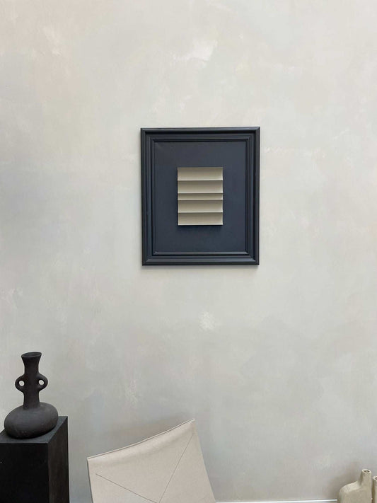 Vintage Frame Ripple by Edith Beurskens, anthracite frame with brown wood artwork, 73.5 x 63 cm.