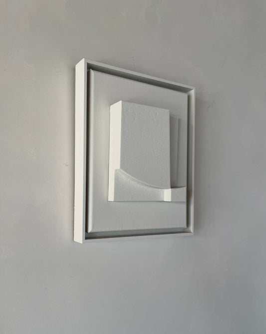 Shadow White canvas artwork with a structured plaster finish, framed in 31x25 cm size, made from plant-based PLA material.