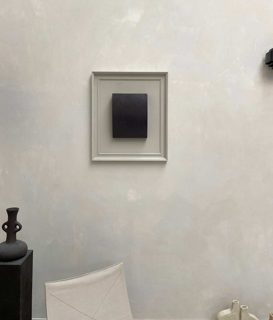 Vintage Frame Fender by Edith Beurskens; anthracite artwork in shadow white vintage frame, size 71x61 cm.