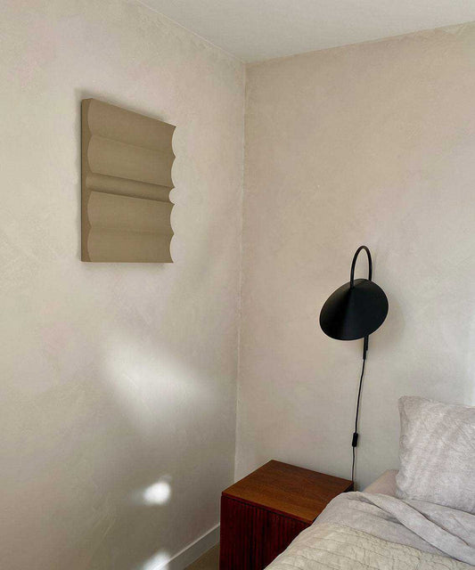 3D art wall piece "#22.04 Dunes" in a minimalist bedroom setting.