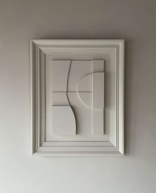 Vintage Frame Soleil with abstract artwork in shadow white, featuring unique plant-based material and sand texture finish.