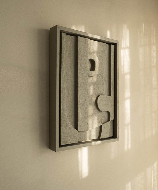 PLA biodegradable art piece with sand texture and eco-paint in a rectangular frame, titled "#20.5 Woody".