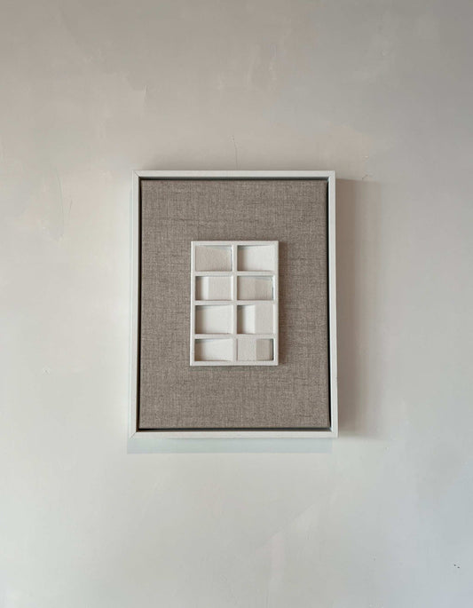 Canvas Pella artwork with shadow white frame, textured plaster surface, and canvas background.