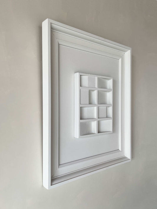 Vintage Frame Big Pella by Edith Beurskens, white artwork and frame, biodegradable PLA, sand coating, 75.5 x 69.5 cm.