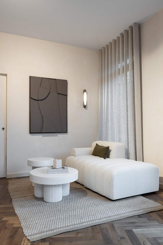 Contemporary handmade artwork in modern living room setting.