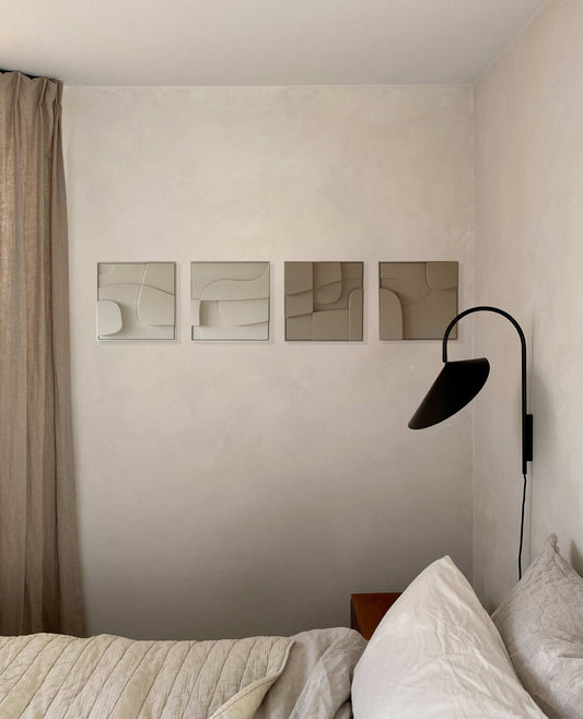 Quartet Do-Re-Mi-Fa wall art with sand texture and eco-paint finish above a bed.
