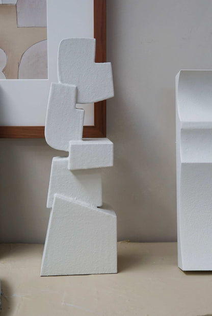 Modern white geometric sculpture made from PLA and eco-paint, part of the PLAY collection, titled "Sculpture San".