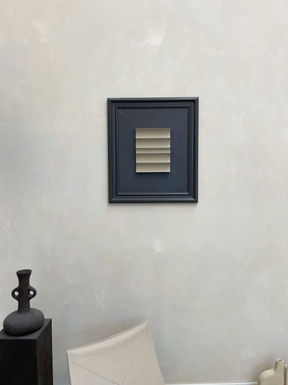 Vintage Frame Ripple by Edith Beurskens, anthracite frame with brown wood artwork, 73.5 x 63 cm.