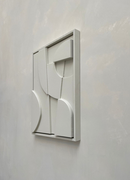 Handmade canvas print with geometric design, white textured finish, and eco-friendly materials.