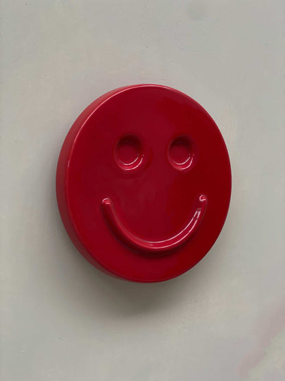 Red HAPPY ceramic wall art smiley face wall decor handcrafted and glazed