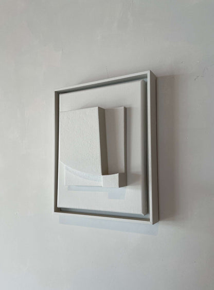 Shadow White canvas artwork with structured plaster finish, frame size 31x25 cm.