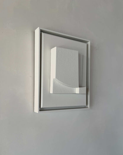 Shadow White canvas artwork with a structured plaster finish, framed in 31x25 cm size, made from plant-based PLA material.