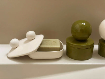 Ceramic box 'BOULE' with milk soap bar, handmade keepsake holder.