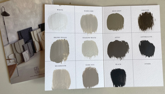 Color palette samples on texture cards for customizing the "#23.5 Happy" product.