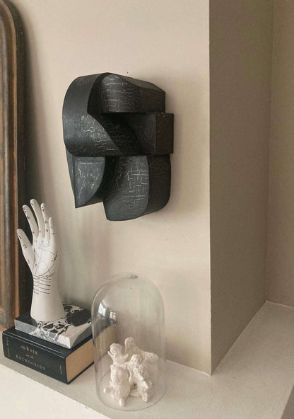 Unique 'Ida' wall sculpture with crackle finish, organic form, in black, by Ilse van Stoltz and Edith Beurskens.
