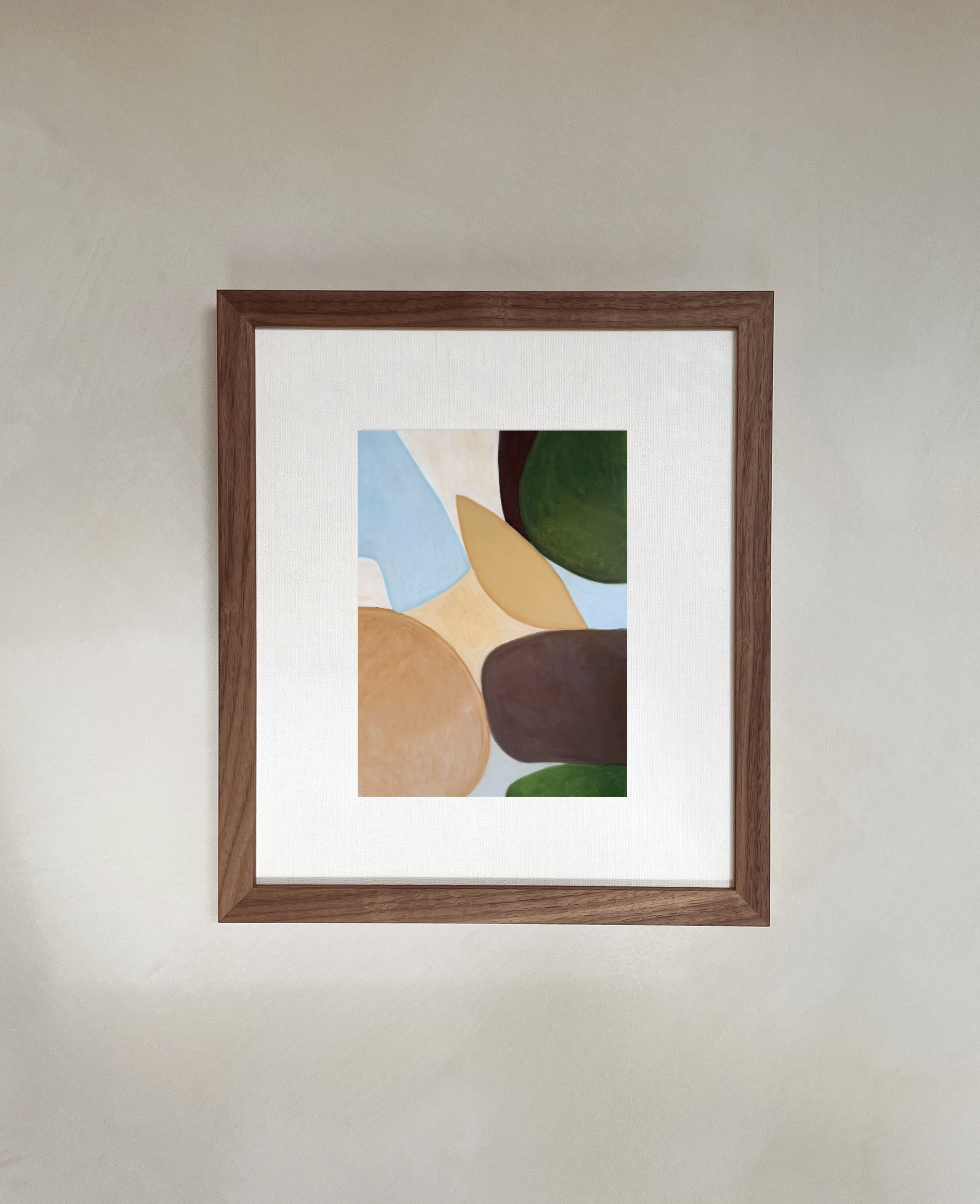 Art print "Carlie" with abstract design, printed on premium Hahnemühle paper, displaying vibrant colors, measuring 21 x 30 cm, shown in a wooden frame (frame not included).