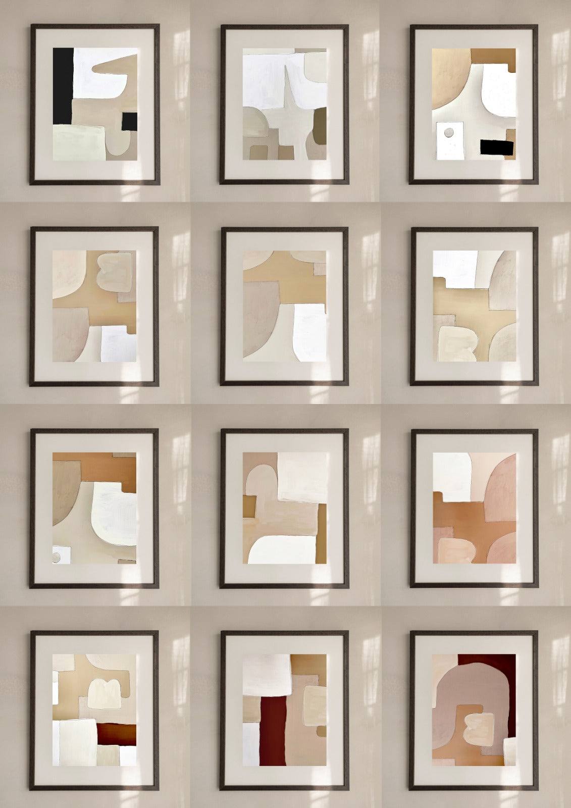 Art print collection displayed in frames on a wall, featuring abstract designs; premium Hahnemühle paper.