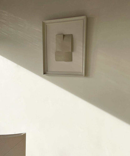 Vintage Frame 22.10 by Edith Beurskens, plant-based PLA artwork with sand texture, eco-painted, wall-mounted in soft light.