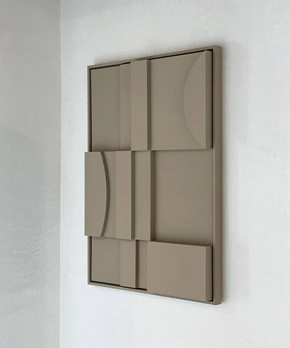 Eco-friendly art piece '#20.15 Celia' made from biodegradable PLA with sand texture and eco-paint, displayed on a wall.