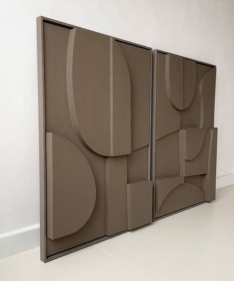 Hand-made abstract wall art in neutral tones made of plant-based PLA, featuring sand texture and eco-paint finish.
