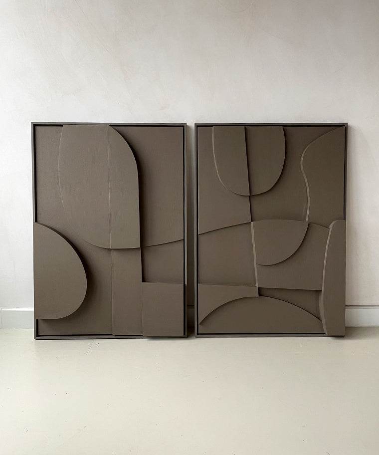 Handmade abstract art pieces with sand texture and eco-paint.