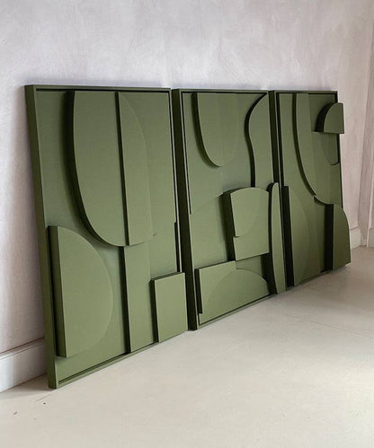 Hand-made, customizable green abstract art pieces made from eco-friendly PLA with sand texture finish.