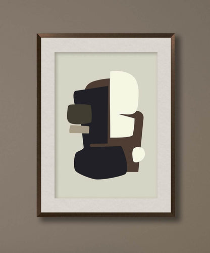 Art print "Isaak" featuring abstract shapes in neutral tones with a 1 cm white border; available in various sizes; premium Hahnemühle paper.