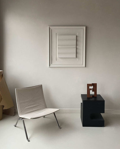 Vintage frame large dunes artwork by Edith Beurskens in shadow white; unique combination with sand texture and eco-paint; displayed on a neutral wall.