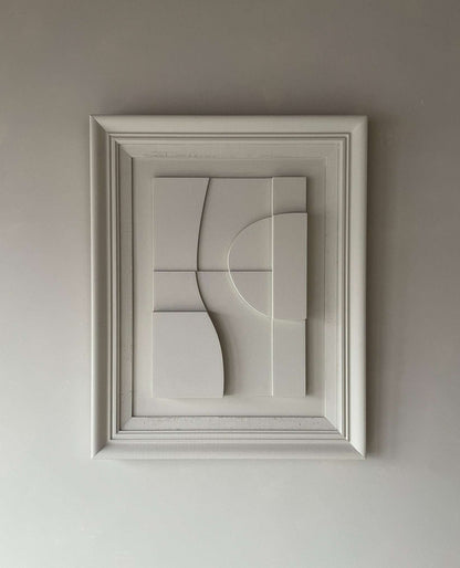 Vintage Frame Soleil with abstract artwork in shadow white, featuring unique plant-based material and sand texture finish.