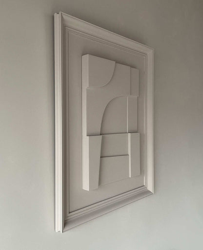 Vintage frame artwork by Edith Beurskens in shadow white, eco-friendly PLA material with sand texture, 73.5 x 58.5 cm.