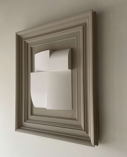 Vintage Frame Journey II by Edith Beurskens, eco-friendly artwork with coffee and shadow white color palette, featuring sand texture and unique vintage frame.