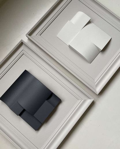 Vintage frame artwork by Edith Beurskens, featuring dark lime and anthracite, and dark lime with shadow white accents. Eco-friendly materials with sand texture finish.