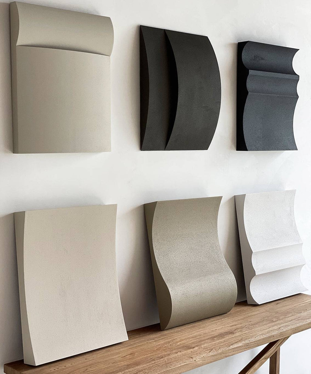 Set of six hand-made wall art pieces with sand texture and eco-paint, crafted from biodegradable PLA material.