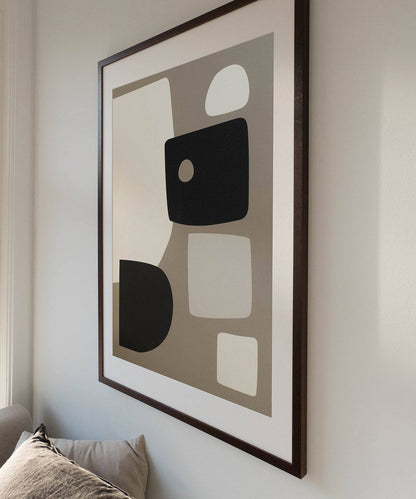 Art print titled 'Jane' featuring abstract geometric shapes in neutral tones, displayed in a sleek frame on a wall.