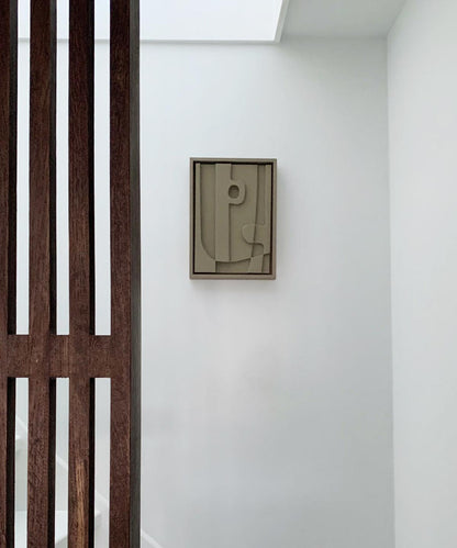 PLA art piece titled "#20.5 Woody" with sand texture and eco-paint, displayed on a wall.