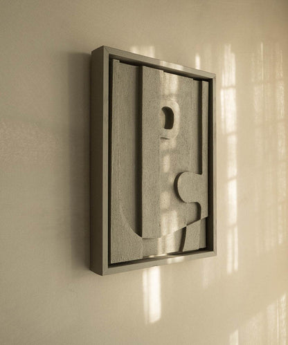 PLA biodegradable art piece with sand texture and eco-paint in a rectangular frame, titled "#20.5 Woody".