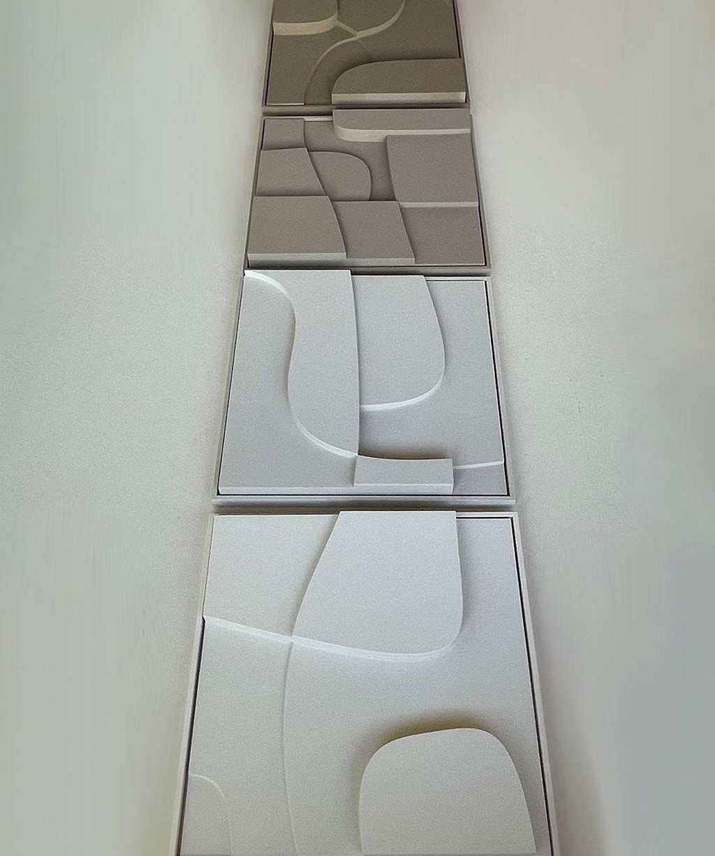 Hand-made 3D art pieces with sand texture and eco-paint.