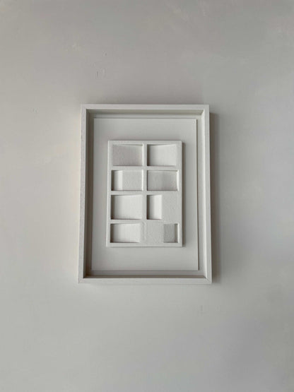 Abstract art piece titled "23.3 Pella" made from biodegradable PLA with sand texture and eco-paint, featuring a modern minimalist design.