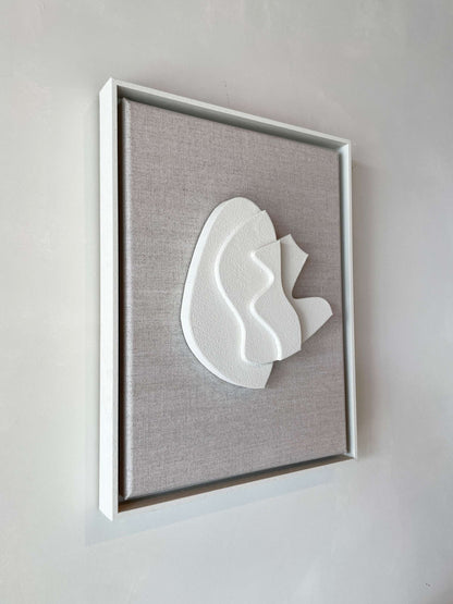 Canvas Sol artwork on plant-based PLA, shadow white frame, structured plaster finish.
