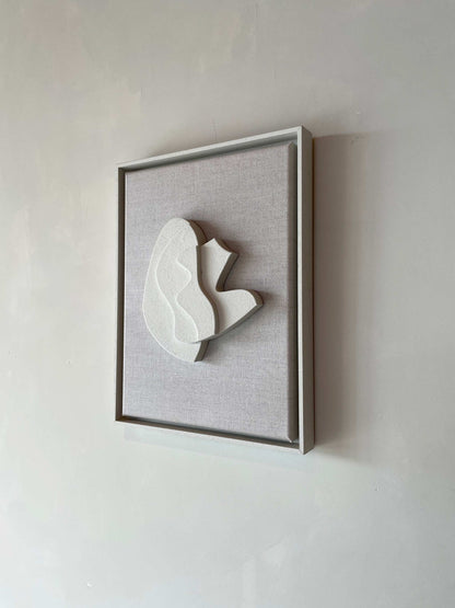 Canvas Sol artwork with biodegradable PLA base and structured plaster finish, framed in shadow white color.