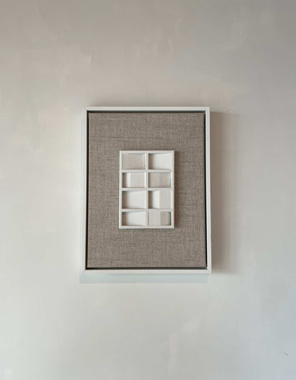 Canvas Pella artwork with shadow white frame, textured plaster surface, and canvas background.