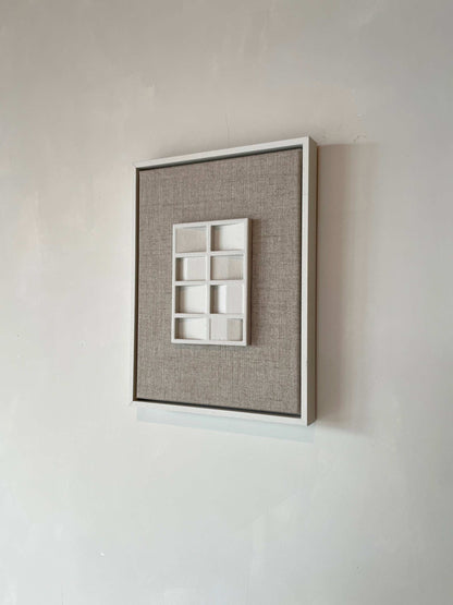 Canvas Pella artwork with shadow white frame and textured plaster finish, 43 x 33 cm.