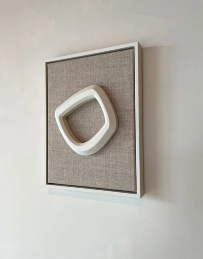 Canvas Atmosphere artwork with shadow white frame, structured plaster material on plant-based PLA, 43x33 cm.