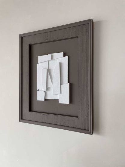 Vintage Frame Miro with shadow white artwork, attic-colored frame, by Edith Beurskens, made of biodegradable PLA and sand-coated, featuring a Certificate of Authenticity.