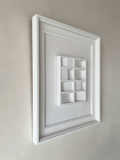 Vintage Frame Big Pella by Edith Beurskens, white artwork and frame, biodegradable PLA, sand coating, 75.5 x 69.5 cm.