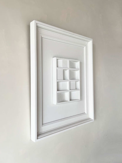 White vintage frame with unique artwork by Edith Beurskens, made from biodegradable PLA and sand coating, 75.5 x 69.5 cm.