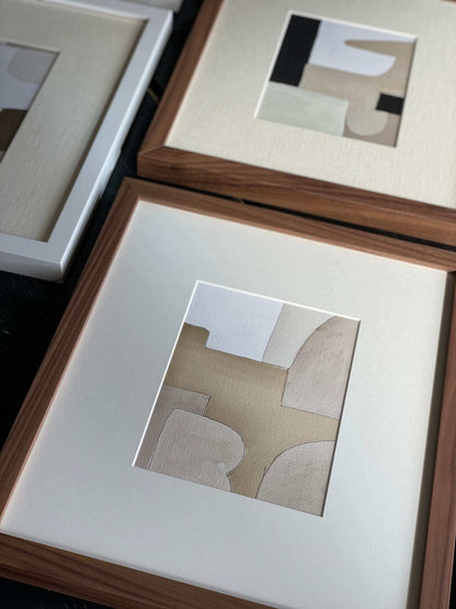 Boaz art print with abstract motif, premium Hahnemühle paper, matte finish, displayed in wooden frames.
