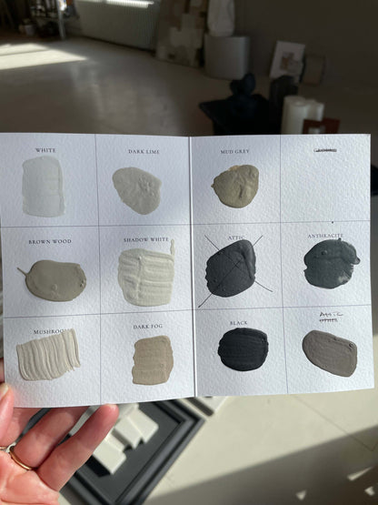 Handmade color samples for customizable art pieces in a variety of shades.