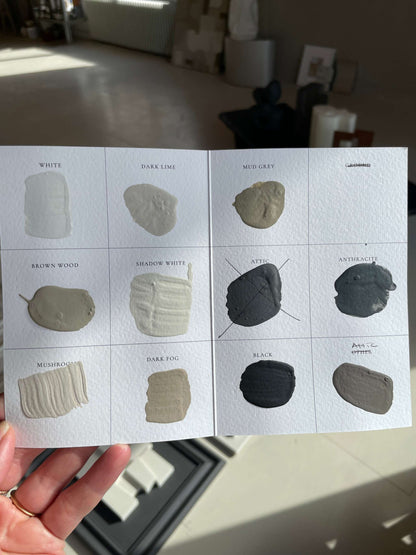 Color palette samples for eco-friendly art piece made from biodegradable PLA material.