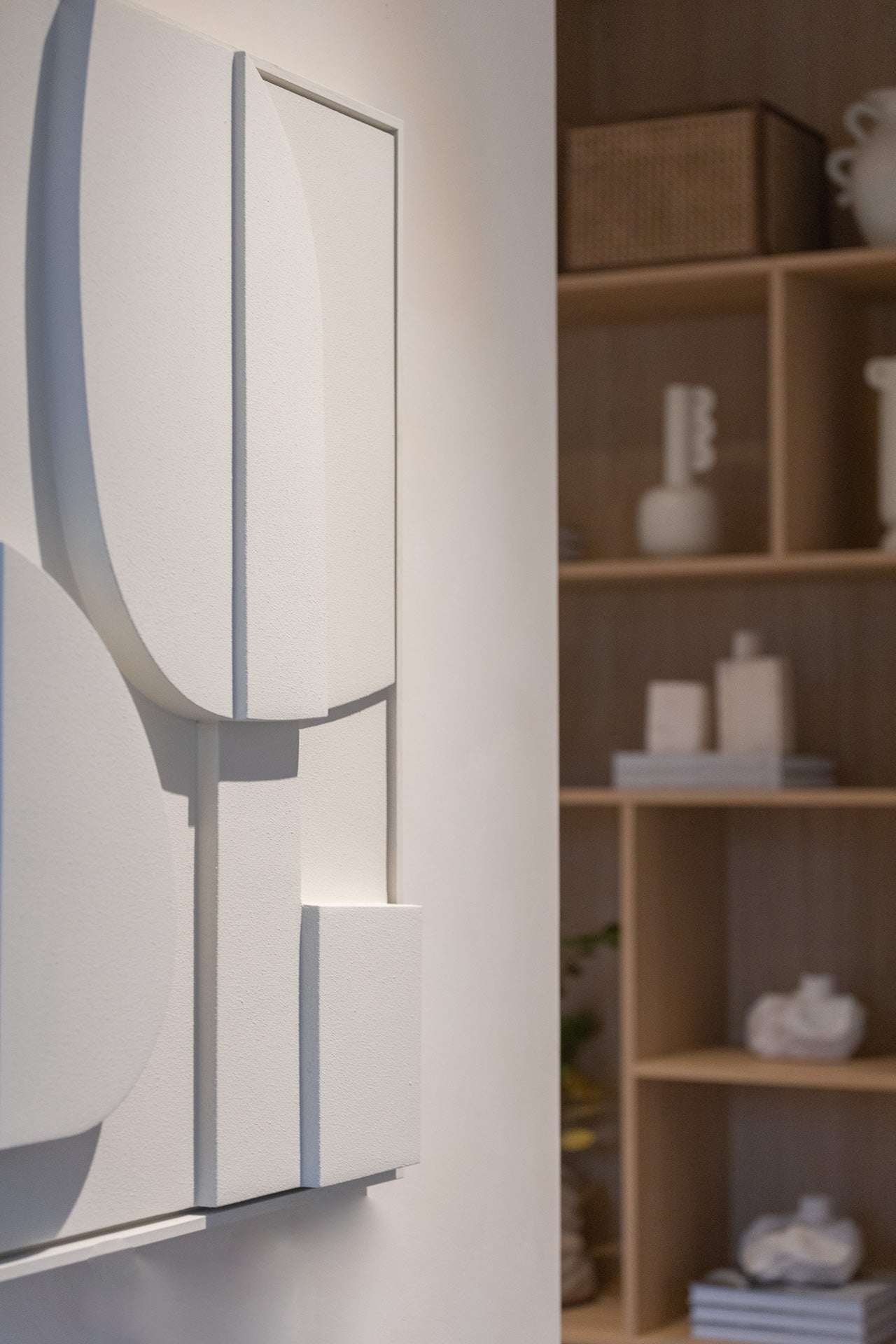 Minimalist hand-made wall art '#2.1 Blanche' in a modern interior setting.